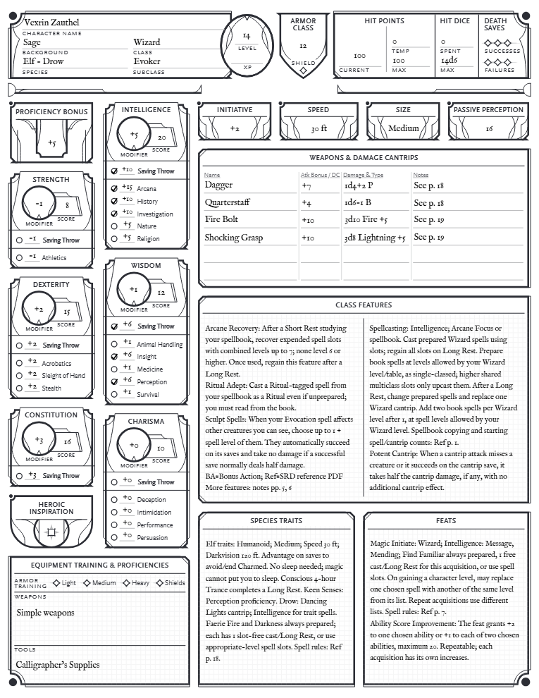 Page 1 of Vexrin Zauthel’s filled-in character sheet: Wizard 14, Evoker, Elf - Drow, Armor Class 12, 100 hit points, Intelligence 20, Fire Bolt +10 for 3d10+5 fire.