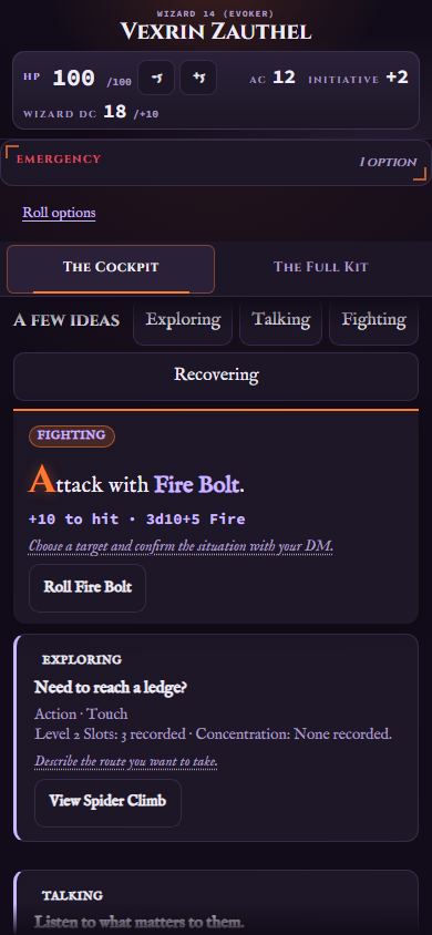 Vexrin Zauthel’s Companion on a phone: 100 hit points, Armor Class 12, Wizard DC 18, and a Fire Bolt attack at +10 to hit for 3d10+5 fire.