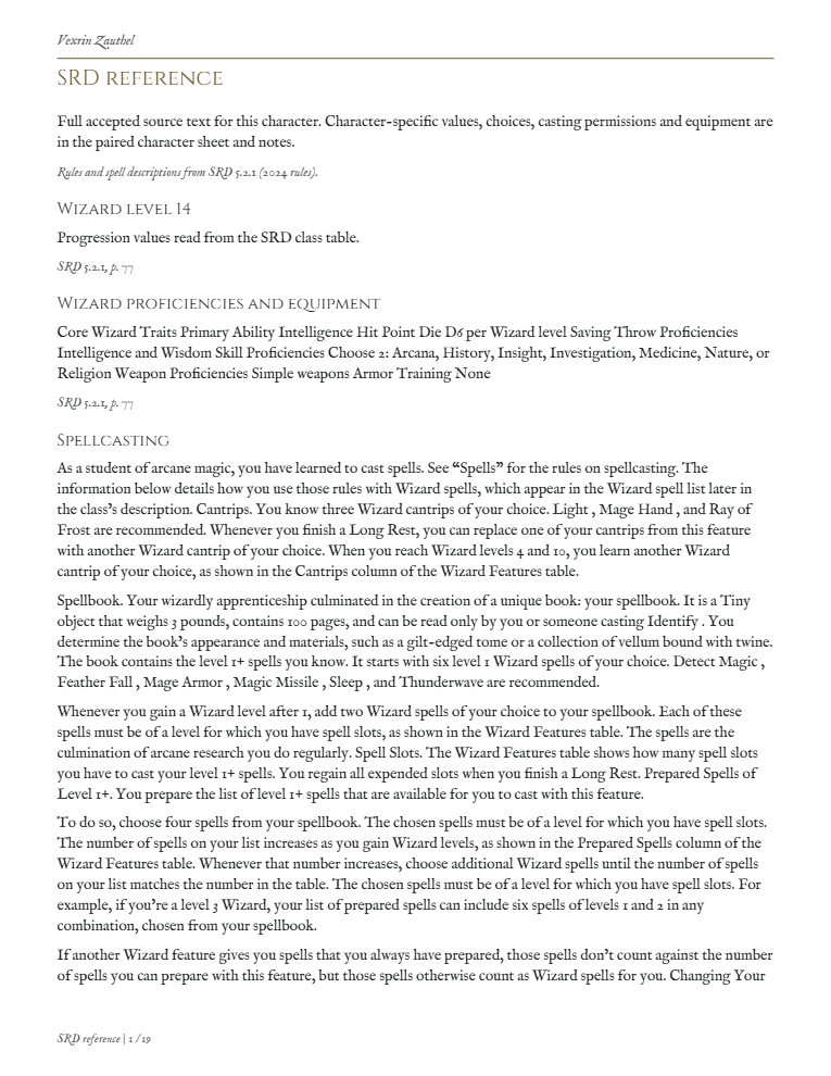 Page 1 of Vexrin Zauthel’s SRD reference: the Wizard level 14 entry, Wizard proficiencies and the Spellcasting rules text.
